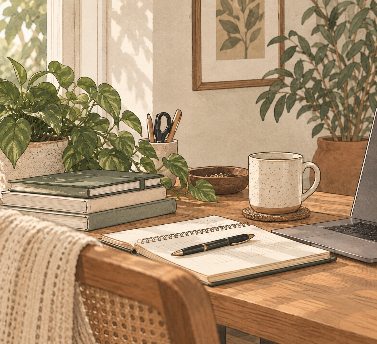 A cozy home office desk with journals, a plant, and a laptop